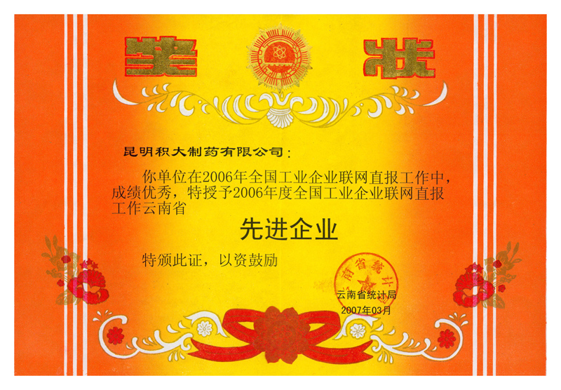 ２００６年度全國(guó)工業(yè)企業(yè)聯(lián)網(wǎng)直報(bào)云南先進(jìn)單位